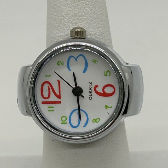 Silver-Tone Stretch Band Ring Quartz Watch With White Face Adjustable Fit Works - Picture 1 of 10